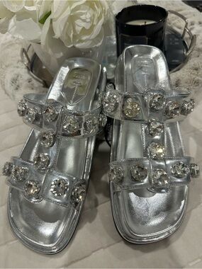 Zara Silver Jeweled Slide Mules